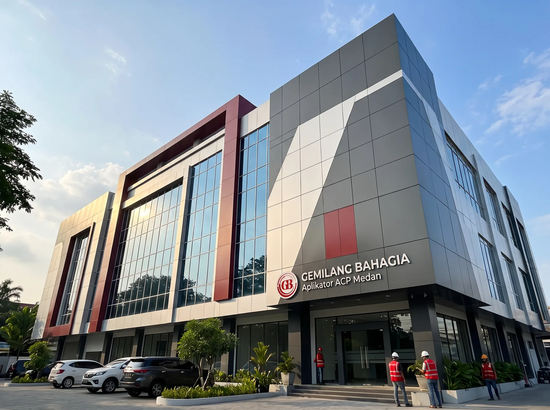 Fasad gedung modern dengan ACP Gemilang Bahagia di Medan Fasad gedung modern dengan pemasangan ACP Gemilang Bahagia di Medan